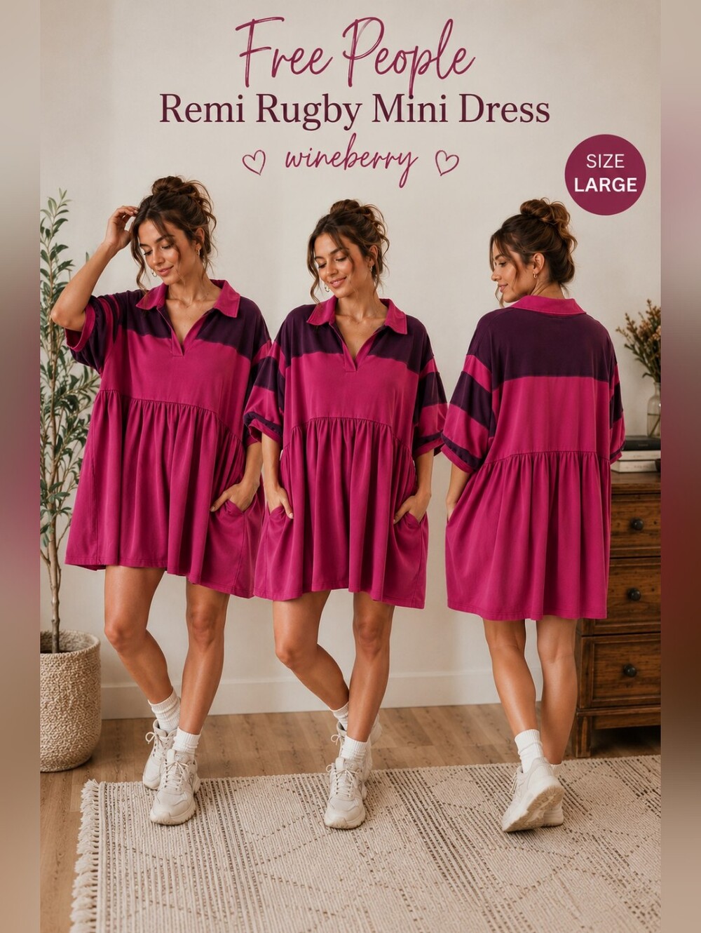 Free People Remi Rugby Mini Dress Wineberry LG Oversized Babydoll Boho Collared